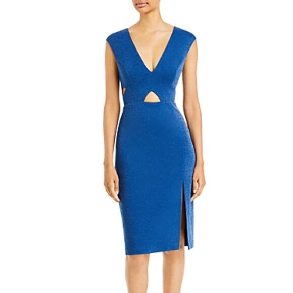 Aidan Mattox Cut Out Midi Sheath Cocktail Dress Blue Size 2 Sleeveless V-Neck - Picture 9 of 11